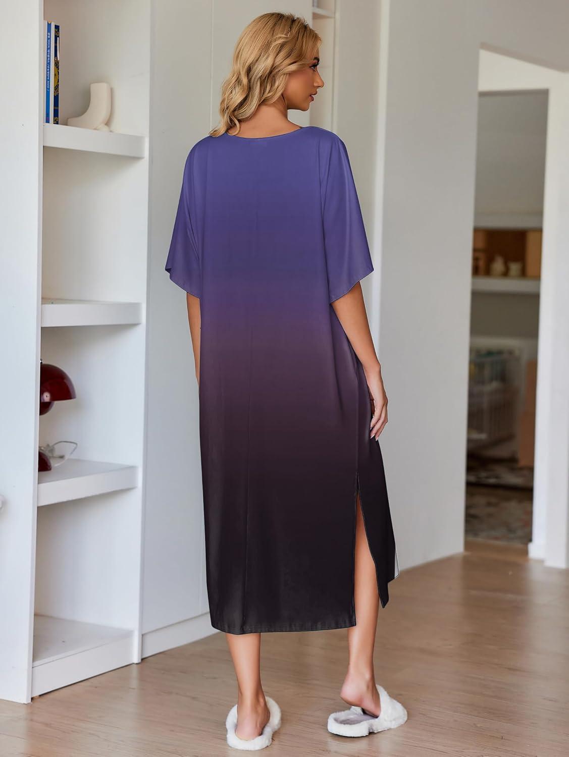 imageEkouaer Womens Nightgown Short Sleeve Sleepshirt Long Loungewear Casual Maxi Lounge Dress House Dresses with PocketsGradients Purple