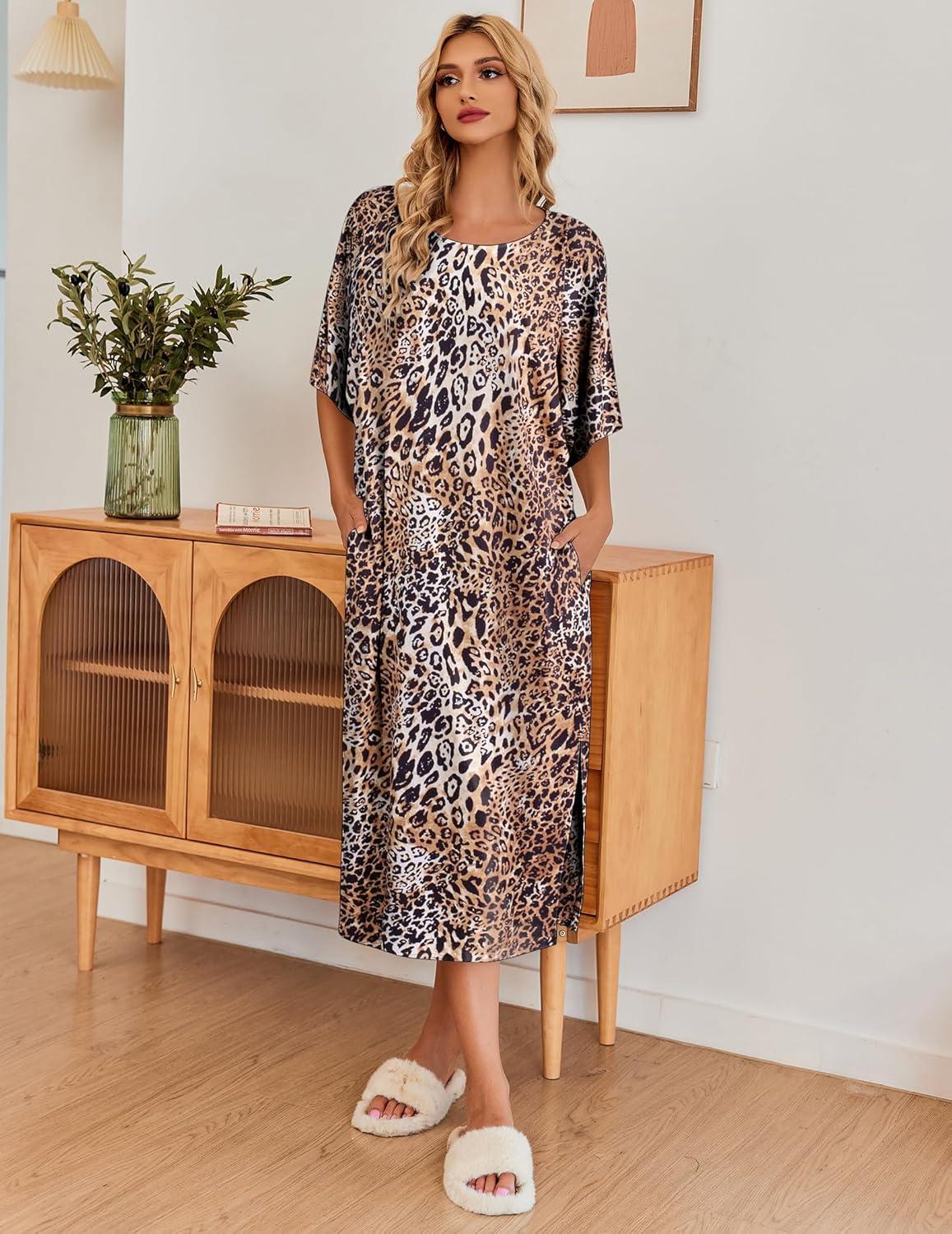 imageEkouaer Womens Nightgown Short Sleeve Sleepshirt Long Loungewear Casual Maxi Lounge Dress House Dresses with PocketsLeopard