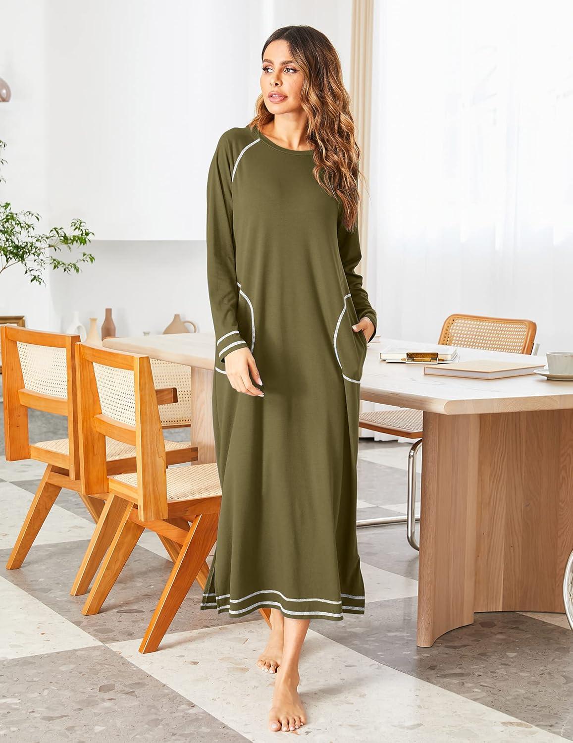 imageEkouaer Womens Nightshirt Long Sleeve Nightgown Round Neck Sleepwear Full Length Pajama Dress with Pockets Loungewear SXXLAarm Green