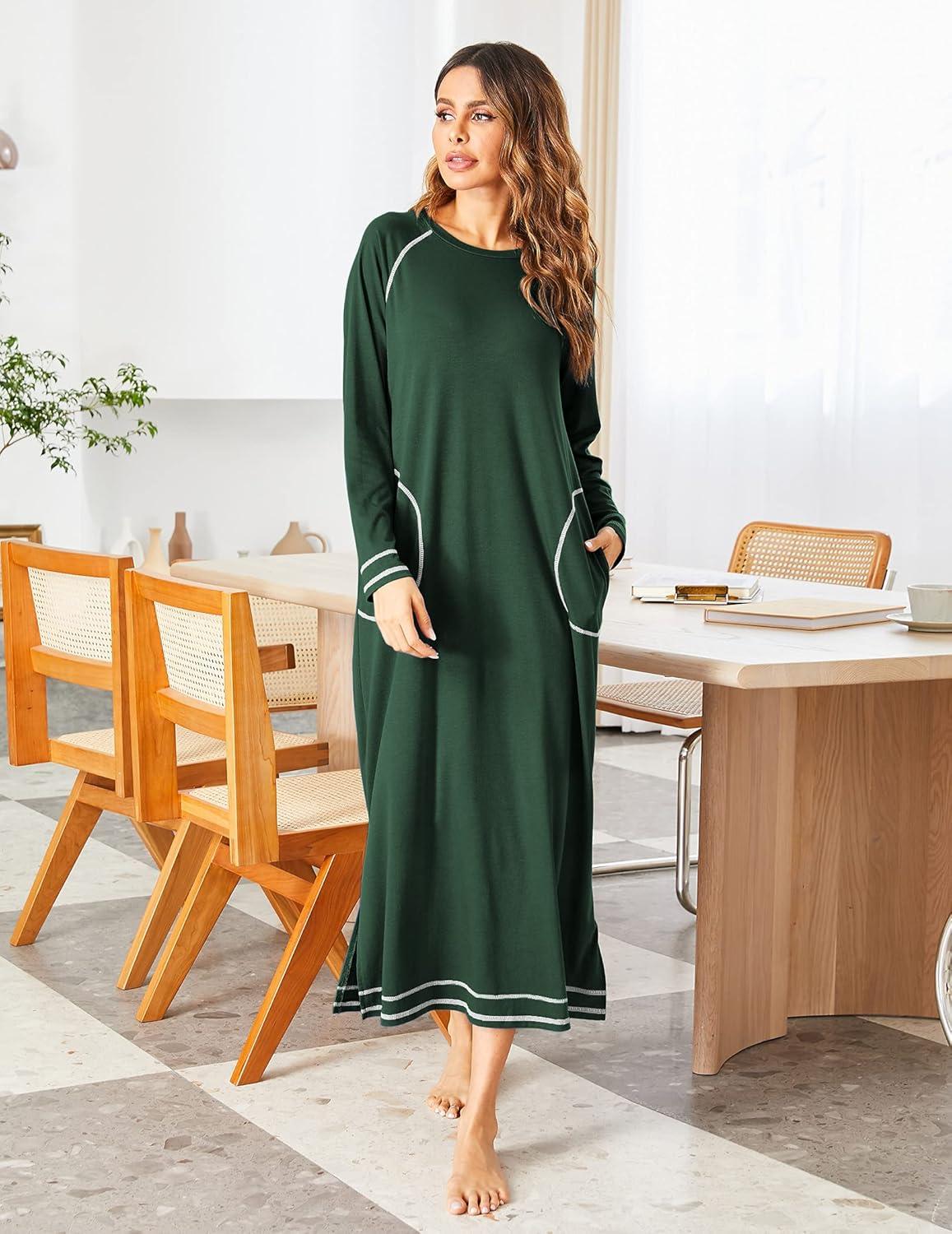 imageEkouaer Womens Nightshirt Long Sleeve Nightgown Round Neck Sleepwear Full Length Pajama Dress with Pockets Loungewear SXXLAdark Green