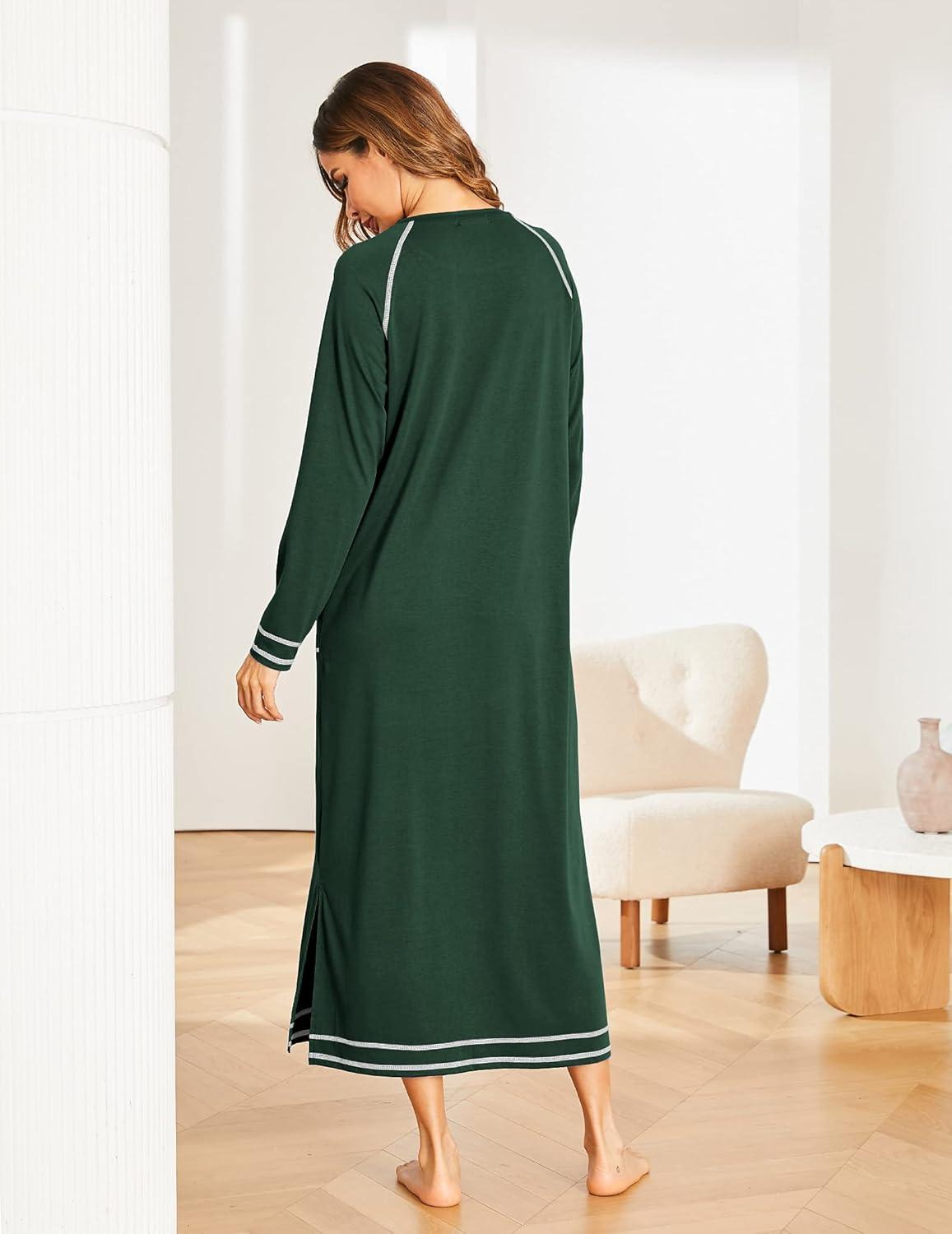 imageEkouaer Womens Nightshirt Long Sleeve Nightgown Round Neck Sleepwear Full Length Pajama Dress with Pockets Loungewear SXXLAdark Green