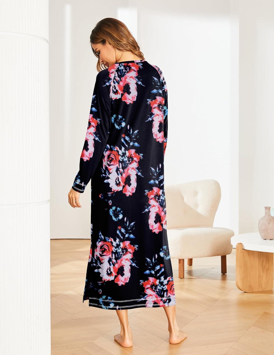 imageEkouaer Womens Nightshirt Long Sleeve Nightgown Round Neck Sleepwear Full Length Pajama Dress with Pockets Loungewear SXXLAfloral Black