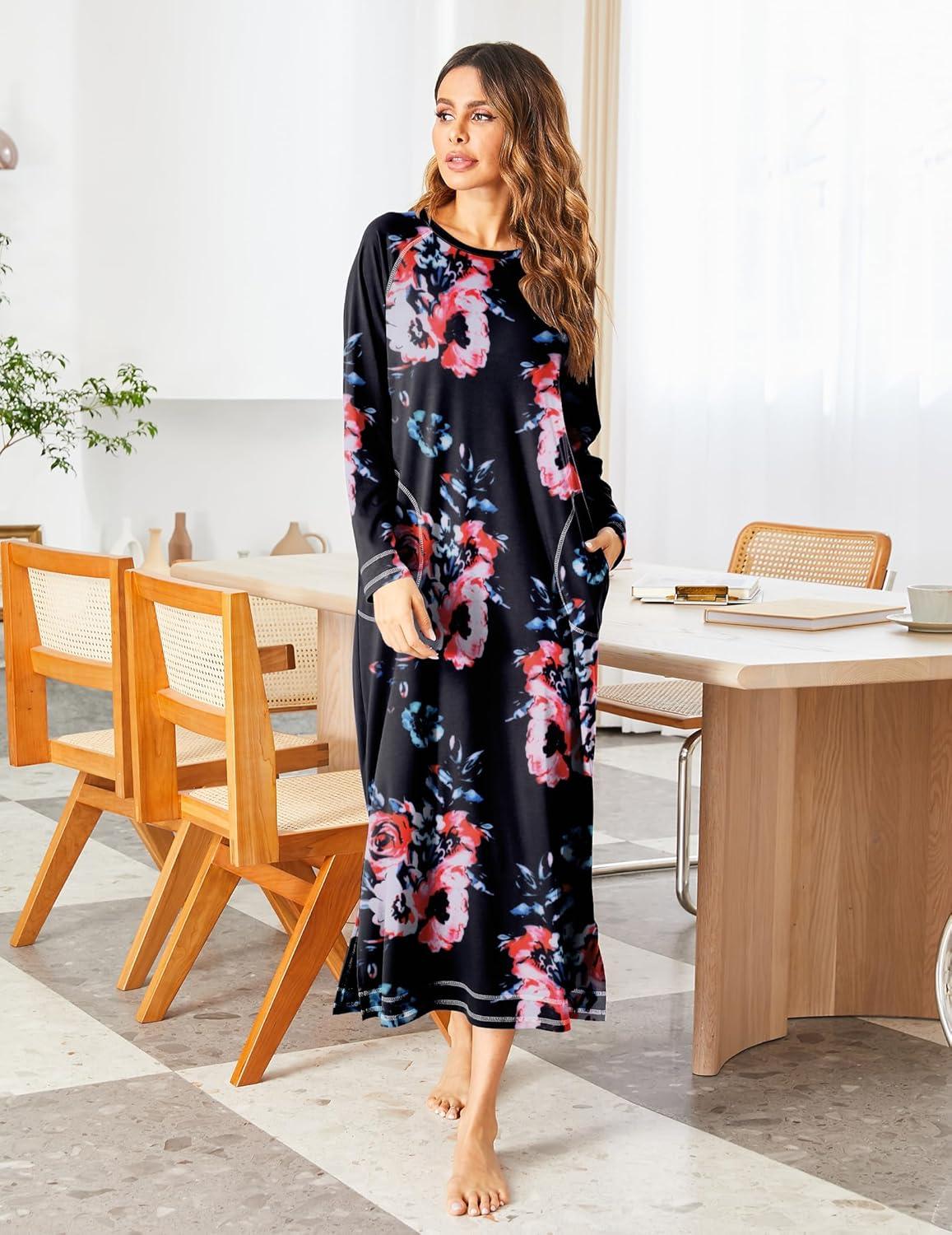 imageEkouaer Womens Nightshirt Long Sleeve Nightgown Round Neck Sleepwear Full Length Pajama Dress with Pockets Loungewear SXXLAfloral Black