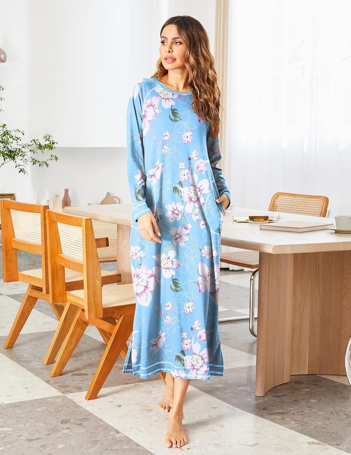 imageEkouaer Womens Nightshirt Long Sleeve Nightgown Round Neck Sleepwear Full Length Pajama Dress with Pockets Loungewear SXXLAfloral Light Blue