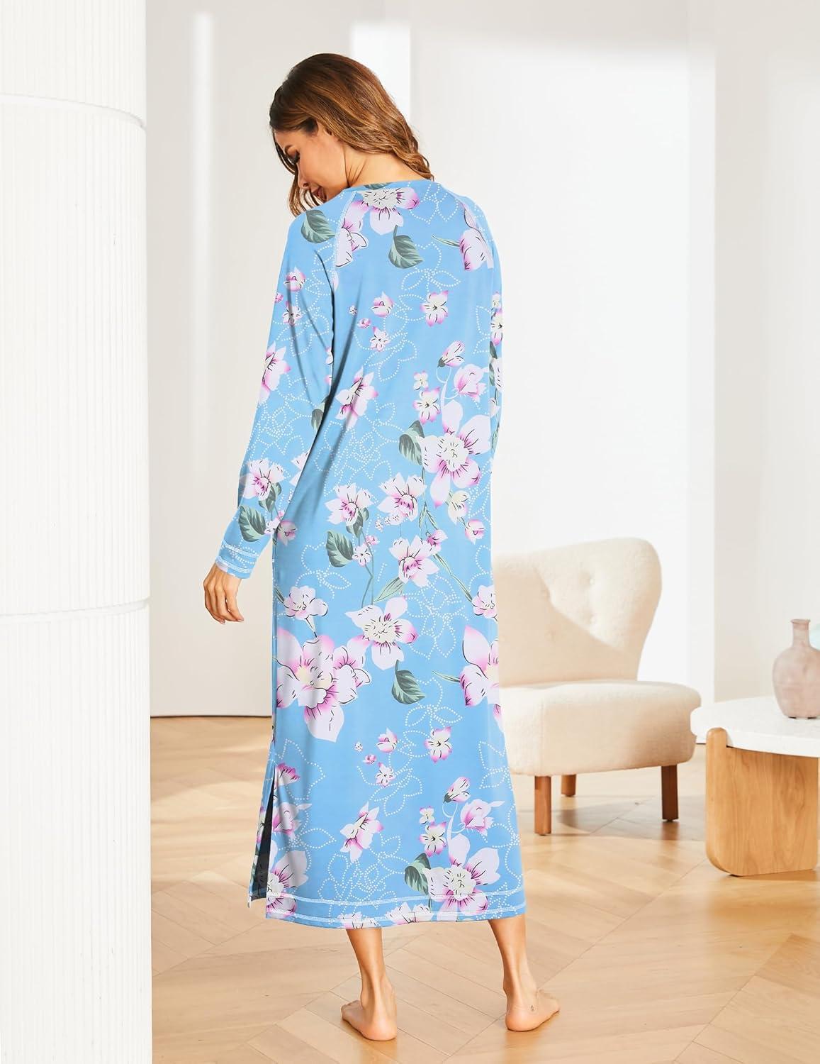 imageEkouaer Womens Nightshirt Long Sleeve Nightgown Round Neck Sleepwear Full Length Pajama Dress with Pockets Loungewear SXXLAfloral Light Blue