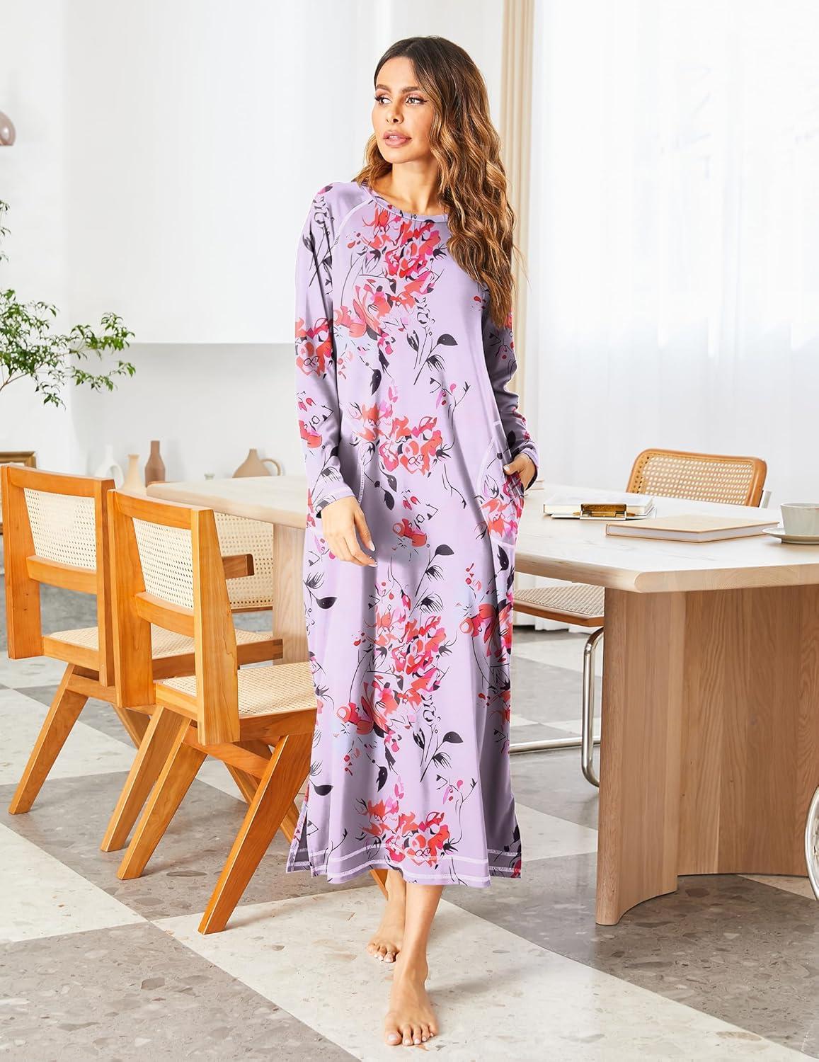 imageEkouaer Womens Nightshirt Long Sleeve Nightgown Round Neck Sleepwear Full Length Pajama Dress with Pockets Loungewear SXXLAfloral Lilac