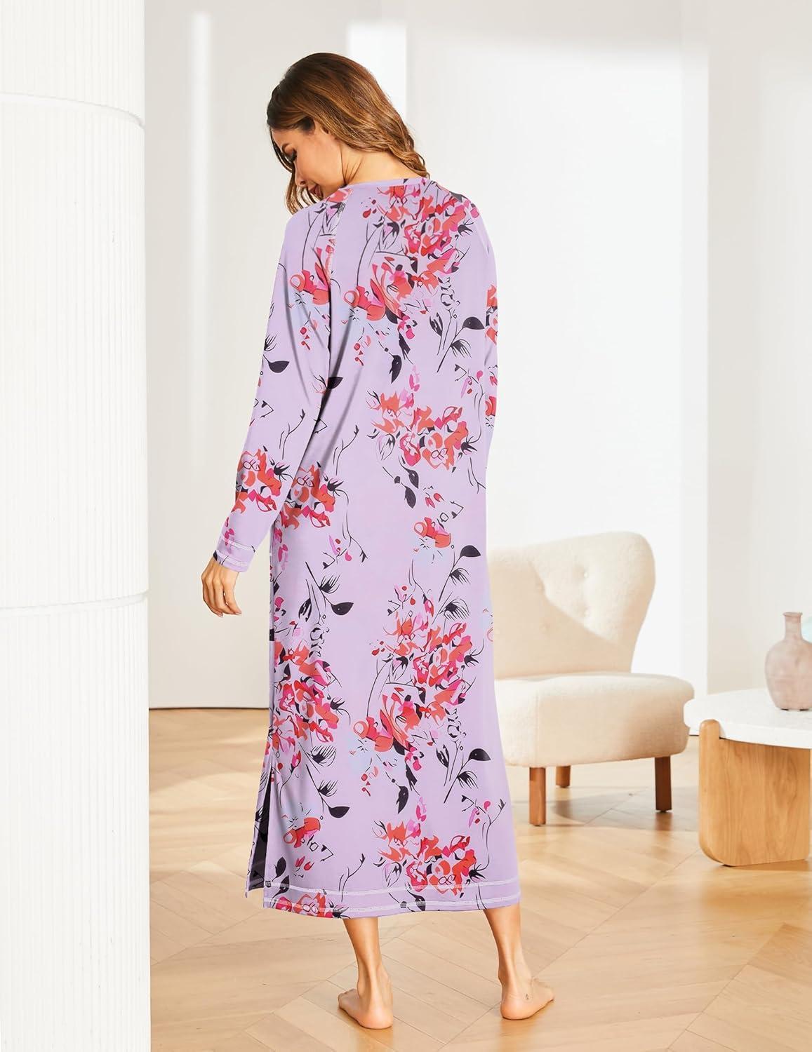 imageEkouaer Womens Nightshirt Long Sleeve Nightgown Round Neck Sleepwear Full Length Pajama Dress with Pockets Loungewear SXXLAfloral Lilac