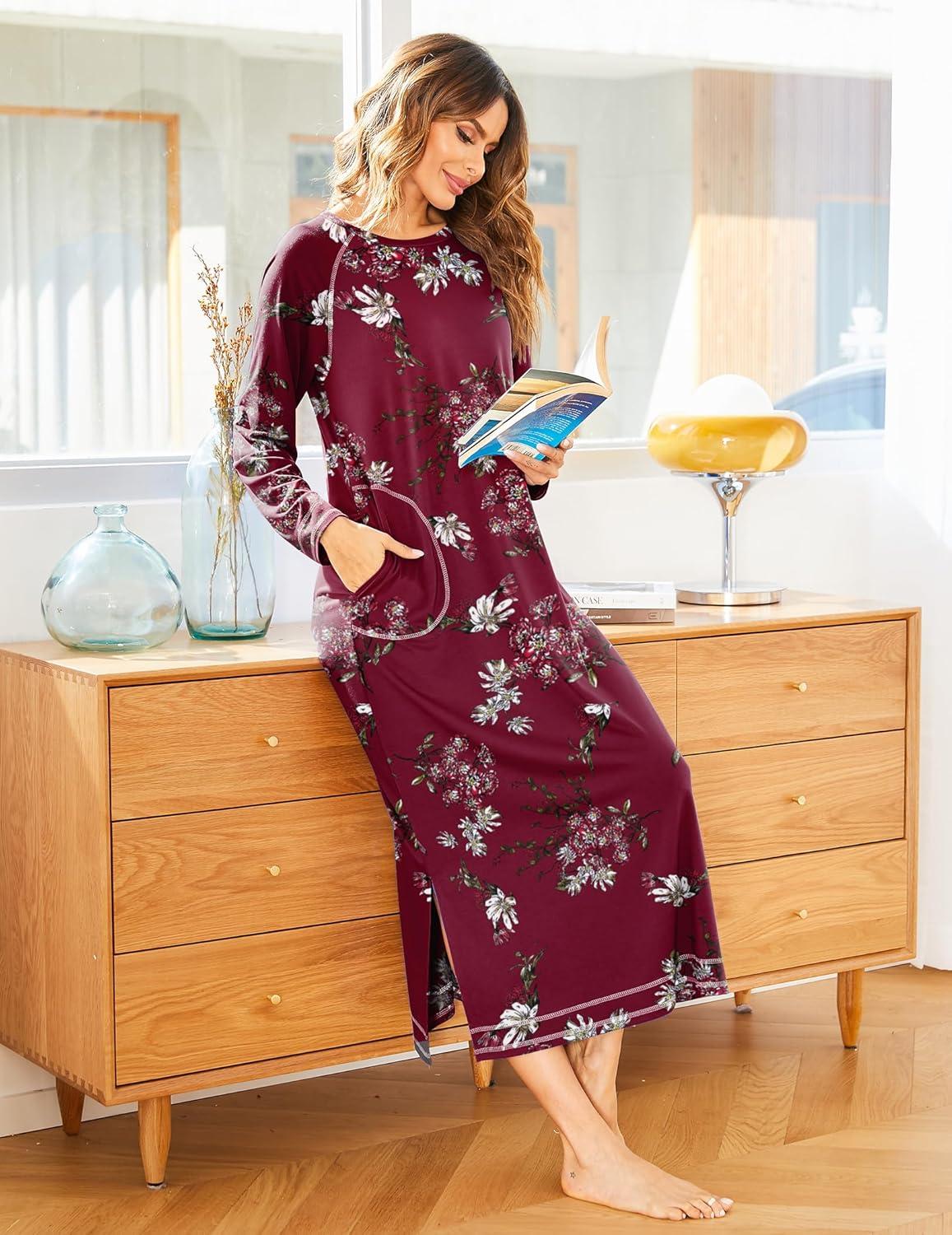 imageEkouaer Womens Nightshirt Long Sleeve Nightgown Round Neck Sleepwear Full Length Pajama Dress with Pockets Loungewear SXXLAfloral Red