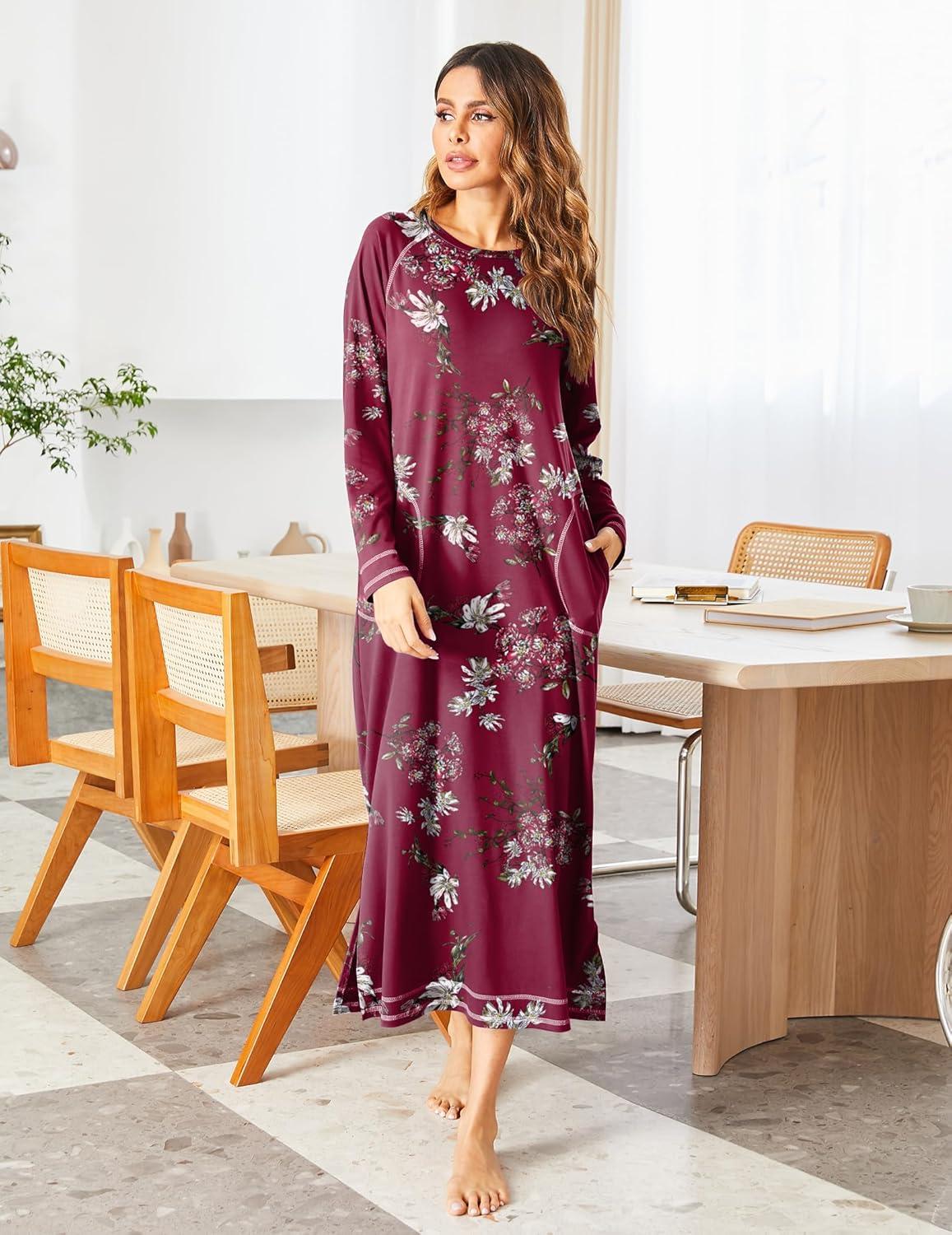 imageEkouaer Womens Nightshirt Long Sleeve Nightgown Round Neck Sleepwear Full Length Pajama Dress with Pockets Loungewear SXXLAfloral Red