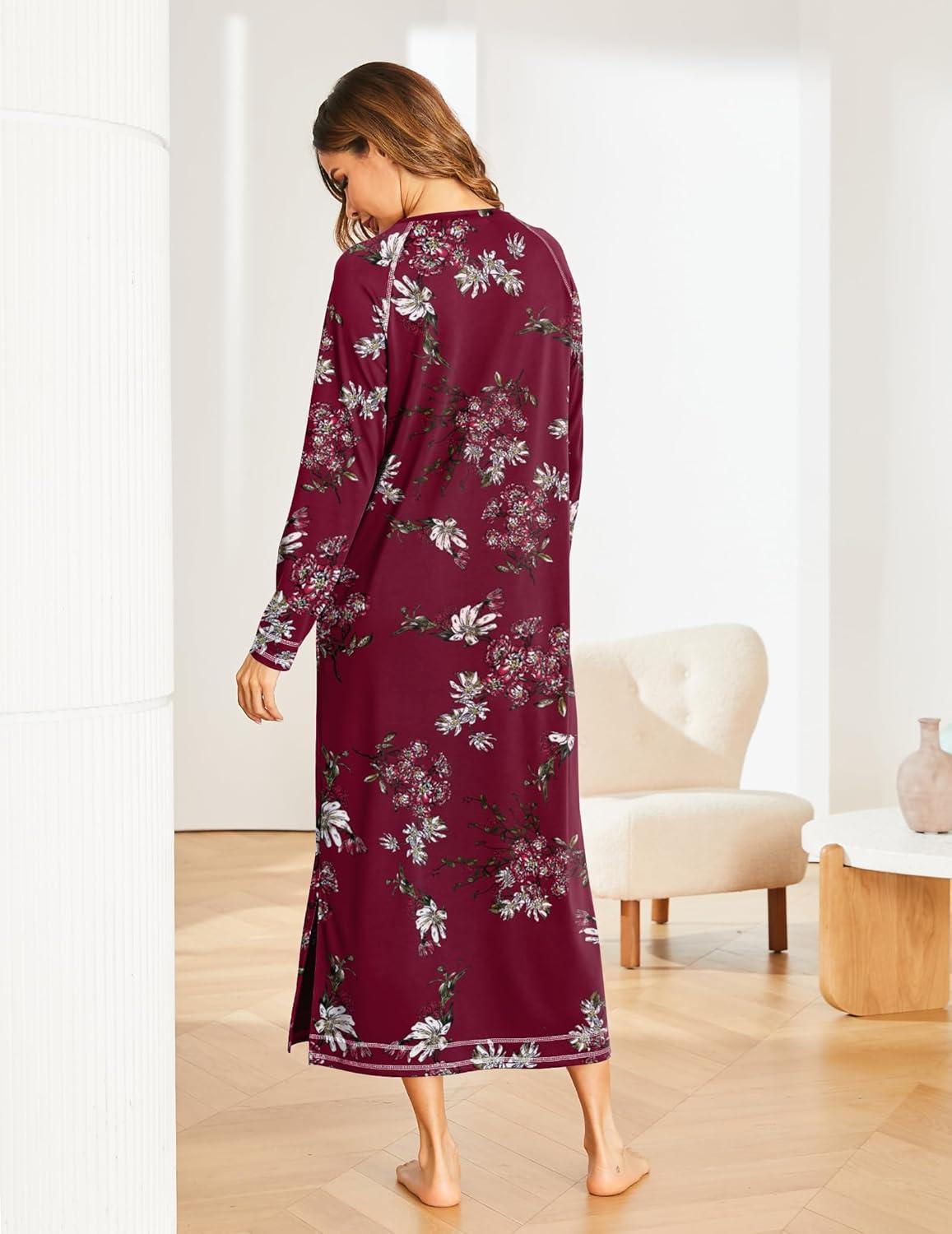 imageEkouaer Womens Nightshirt Long Sleeve Nightgown Round Neck Sleepwear Full Length Pajama Dress with Pockets Loungewear SXXLAfloral Red