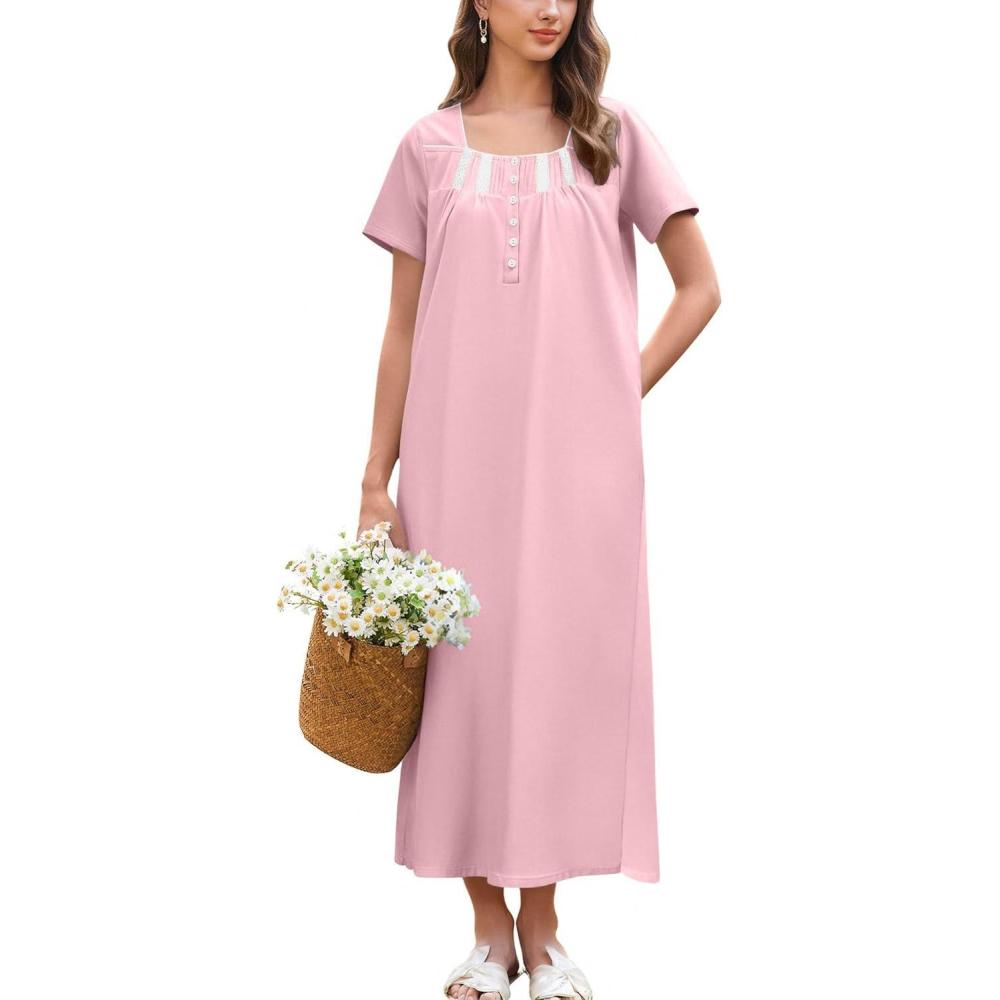imageEkouaer Cotton Nightgowns for Women Short Sleeve Sleepshirt Ladies Victorain Sleepwear Gown Soft Loungewear with PocketsPink