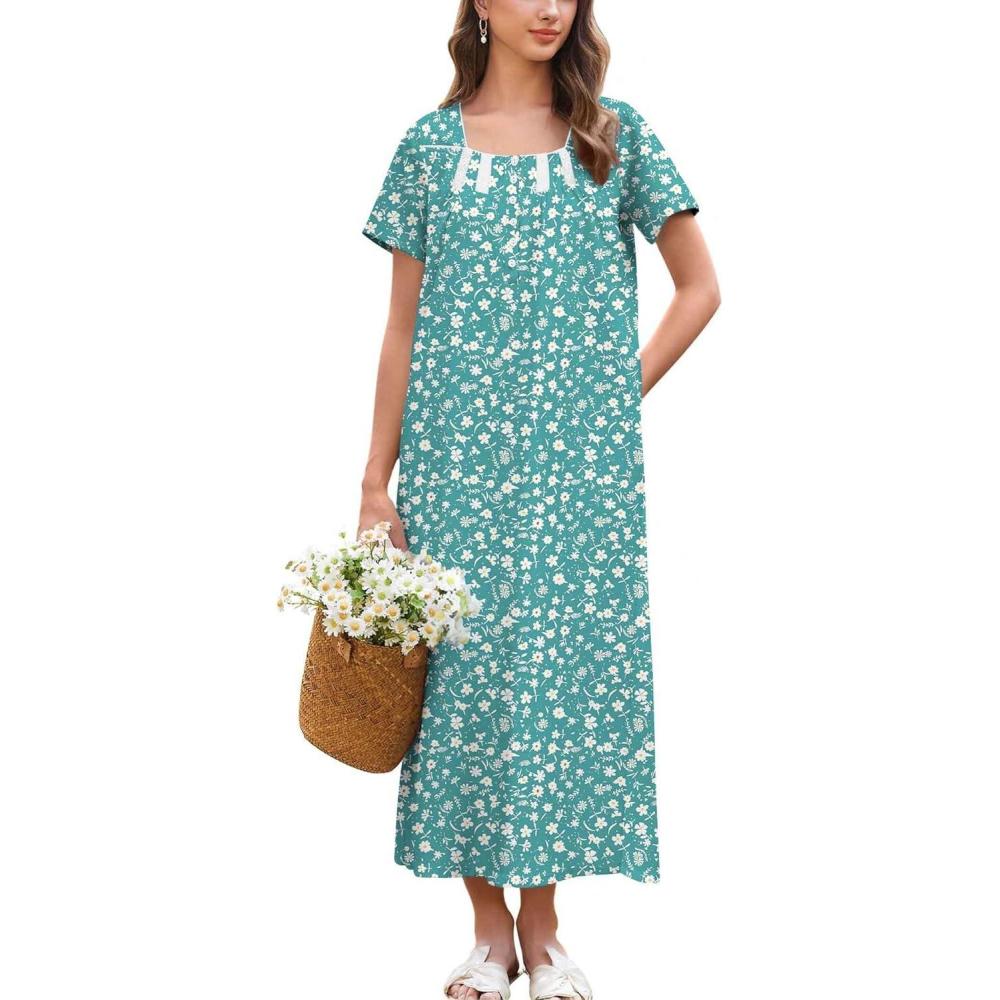 imageEkouaer Cotton Nightgowns for Women Short Sleeve Sleepshirt Ladies Victorain Sleepwear Gown Soft Loungewear with PocketsWhite Floral