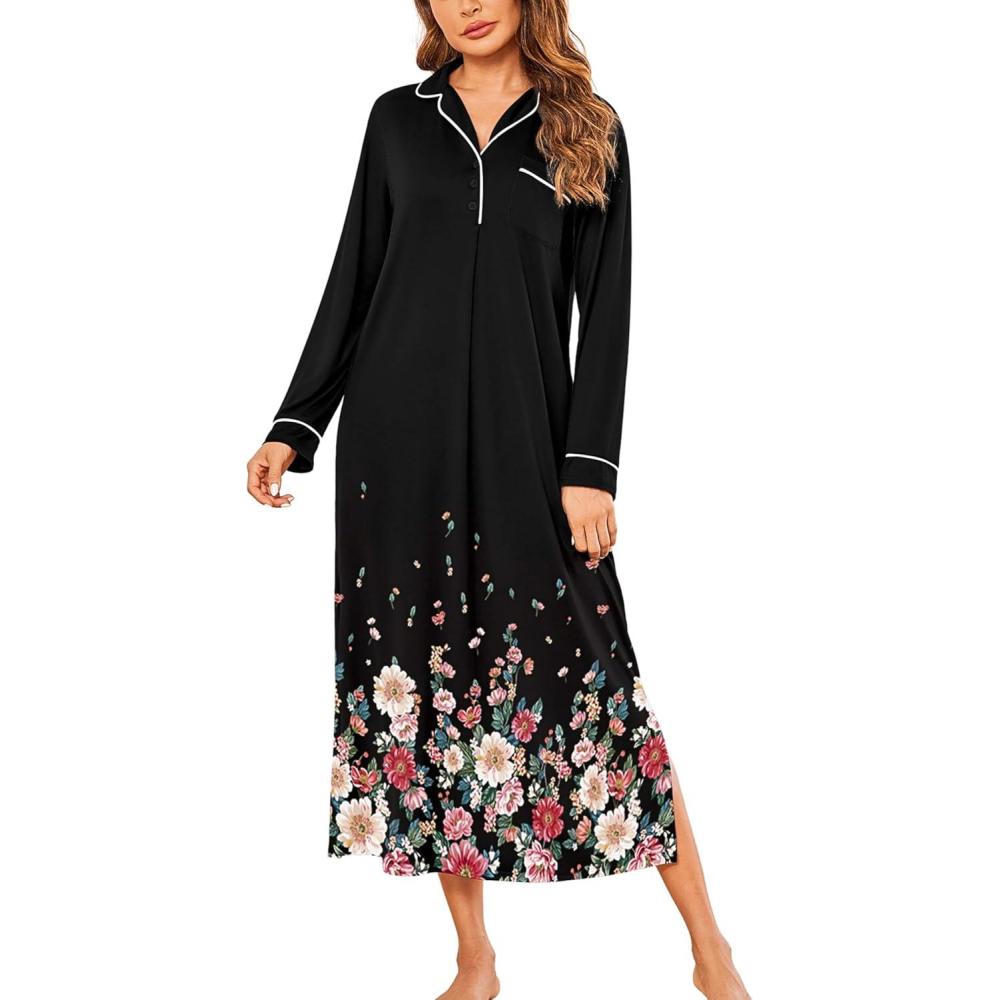 imageEkouaer Nightgowns for Women Long Sleeves Nightgown Soft Sleepwear Button V Neck Sleepshirt Long Nightgown SXXLBlack Flower
