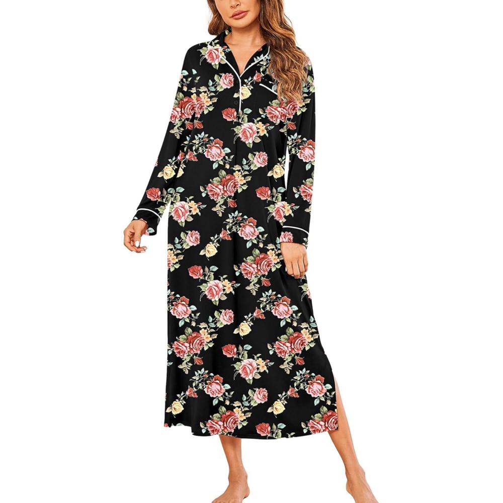 imageEkouaer Nightgowns for Women Long Sleeves Nightgown Soft Sleepwear Button V Neck Sleepshirt Long Nightgown SXXLBlack Full Flower