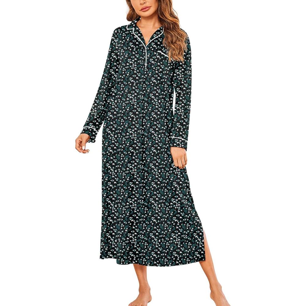 imageEkouaer Nightgowns for Women Long Sleeves Nightgown Soft Sleepwear Button V Neck Sleepshirt Long Nightgown SXXLBlack Green Floral