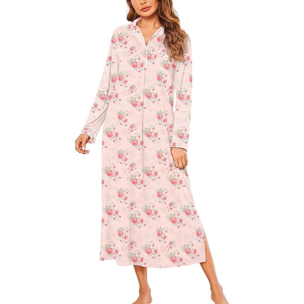 imageEkouaer Nightgowns for Women Long Sleeves Nightgown Soft Sleepwear Button V Neck Sleepshirt Long Nightgown SXXLPink Flower