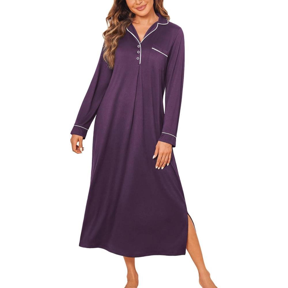 imageEkouaer Nightgowns for Women Long Sleeves Nightgown Soft Sleepwear Button V Neck Sleepshirt Long Nightgown SXXLPurple