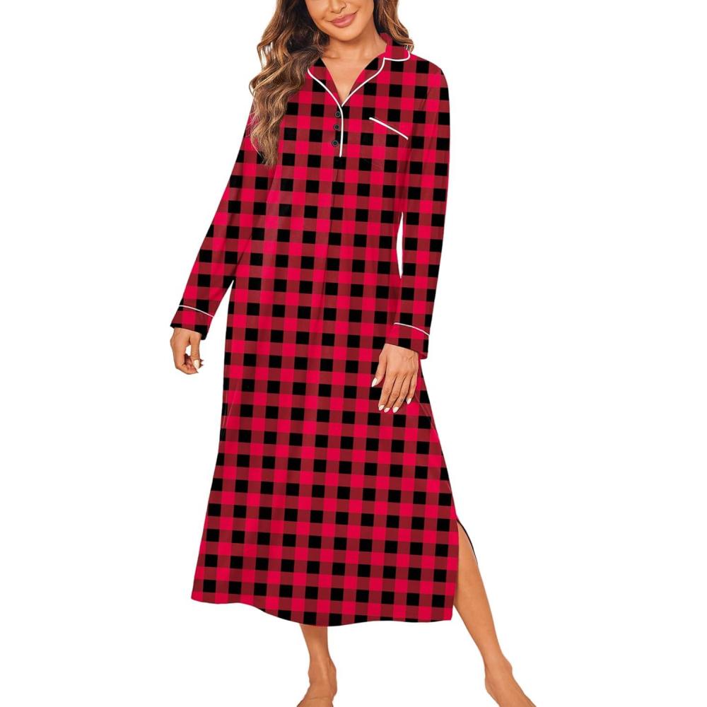imageEkouaer Nightgowns for Women Long Sleeves Nightgown Soft Sleepwear Button V Neck Sleepshirt Long Nightgown SXXLRed Plaid