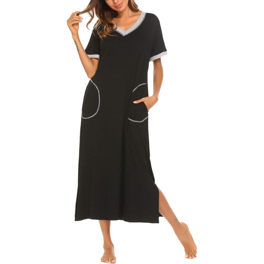 imageEkouaer Womens Full Length Short Sleeve NightgownAblack