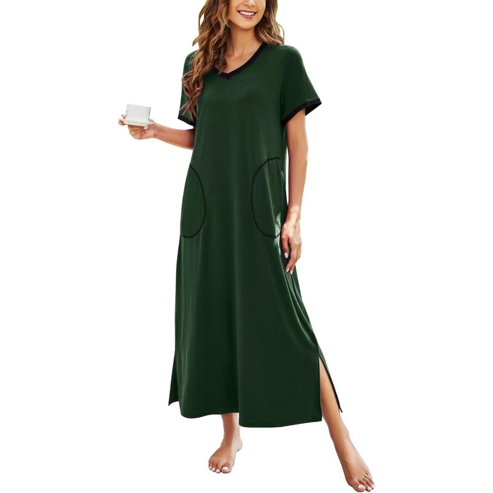 imageEkouaer Womens Full Length Short Sleeve NightgownAdark Green
