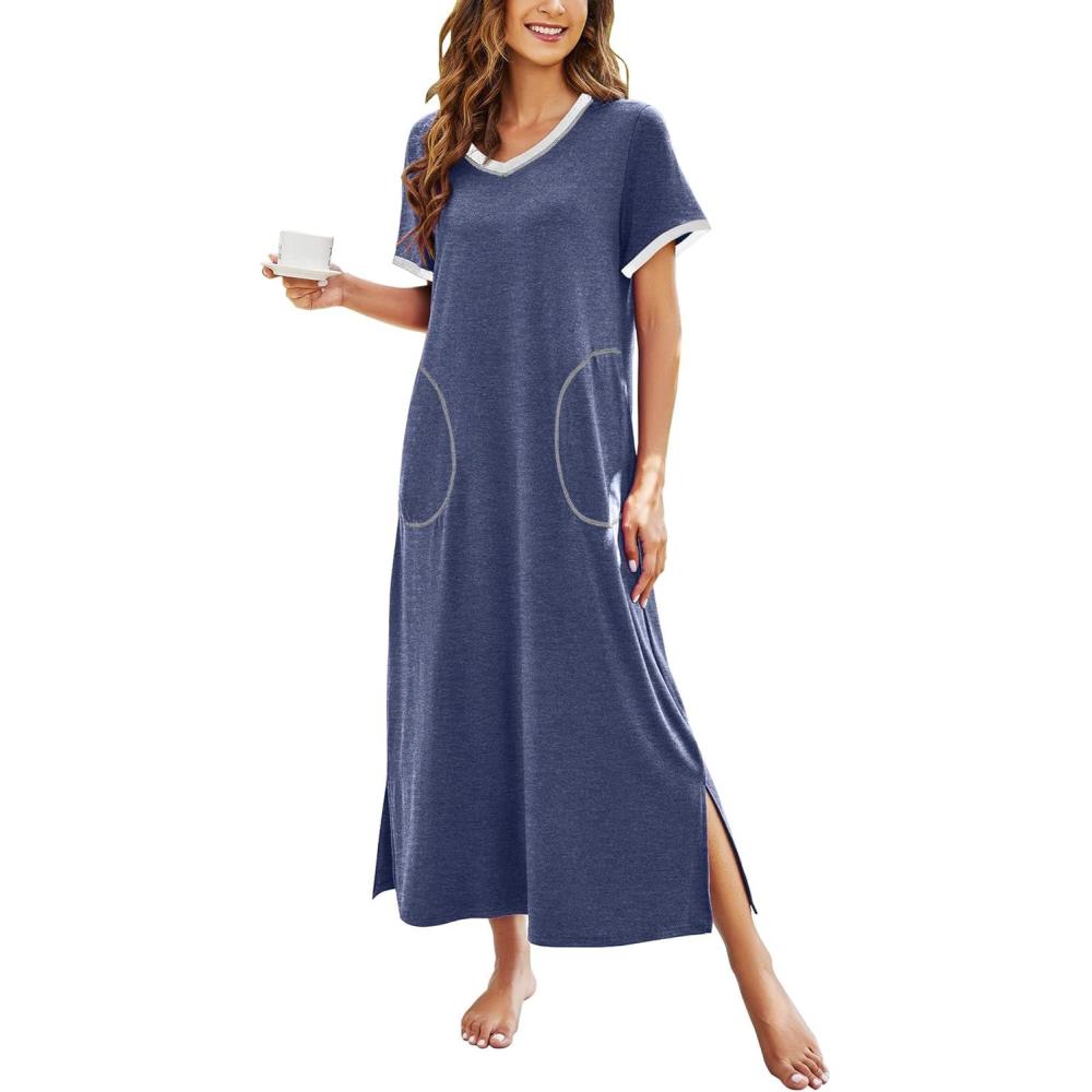 imageEkouaer Womens Full Length Short Sleeve NightgownAnavy Blue