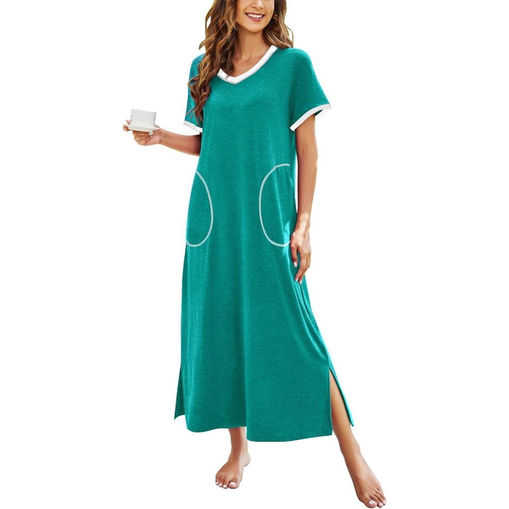 imageEkouaer Womens Full Length Short Sleeve NightgownAqua Green