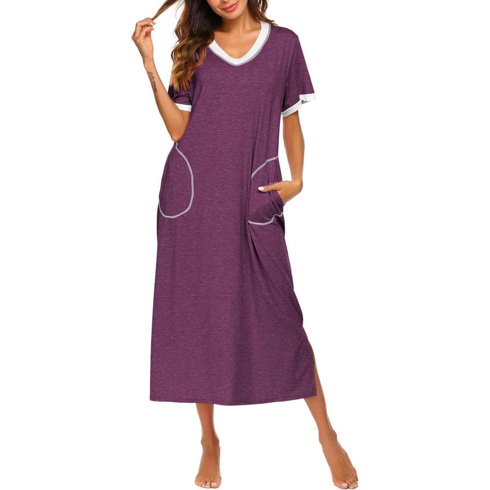 imageEkouaer Womens Full Length Short Sleeve NightgownEggplant Purple