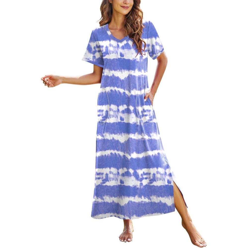 imageEkouaer Womens Full Length Short Sleeve NightgownPat4