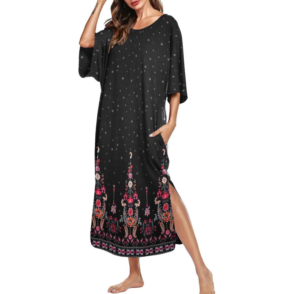 imageEkouaer Womens Nightgown Short Sleeve Sleepshirt Long Loungewear Casual Maxi Lounge Dress House Dresses with PocketsFloral Black
