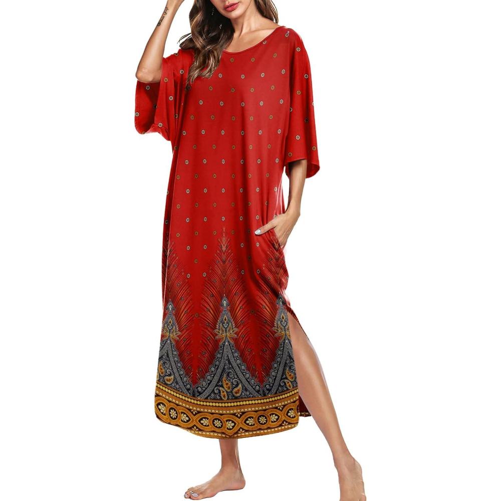 imageEkouaer Womens Nightgown Short Sleeve Sleepshirt Long Loungewear Casual Maxi Lounge Dress House Dresses with PocketsFloral Red