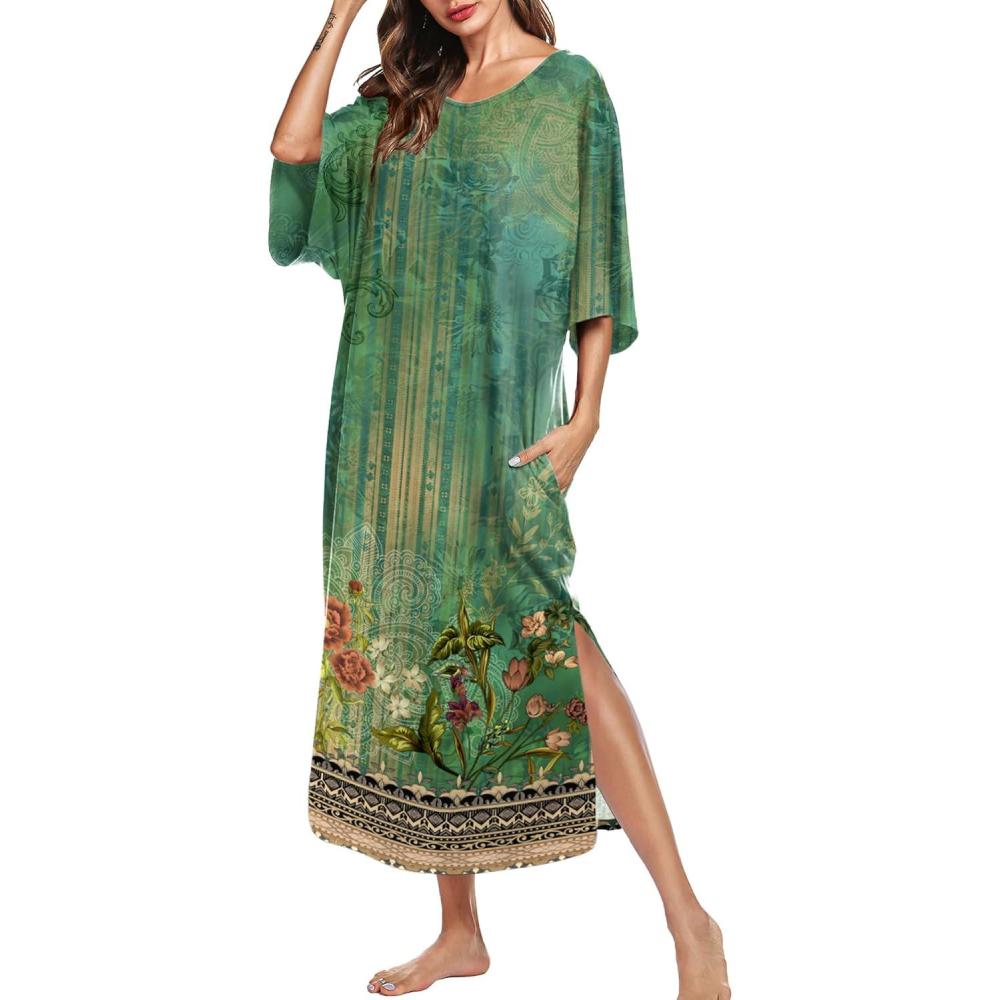 imageEkouaer Womens Nightgown Short Sleeve Sleepshirt Long Loungewear Casual Maxi Lounge Dress House Dresses with PocketsRetro Ethnic Print