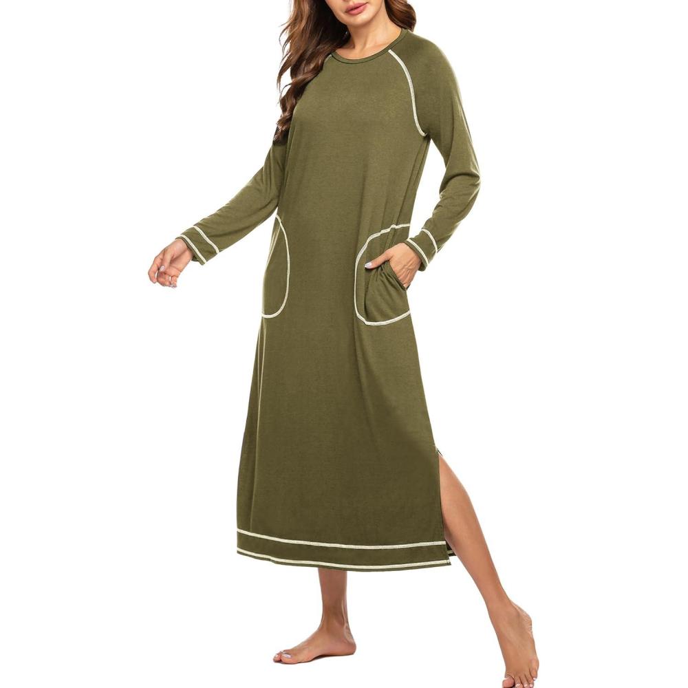 imageEkouaer Womens Nightshirt Long Sleeve Nightgown Round Neck Sleepwear Full Length Pajama Dress with Pockets Loungewear SXXLAarm Green