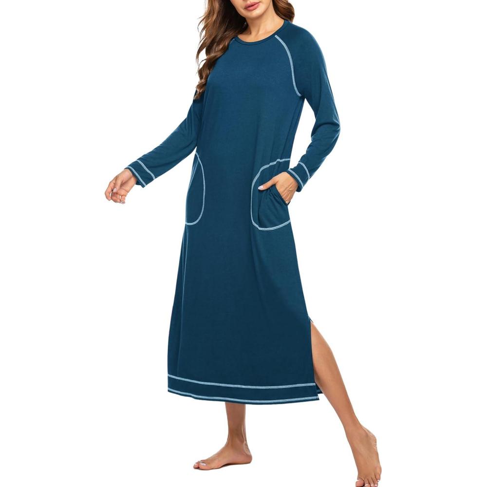 imageEkouaer Womens Nightshirt Long Sleeve Nightgown Round Neck Sleepwear Full Length Pajama Dress with Pockets Loungewear SXXLAdark Blue
