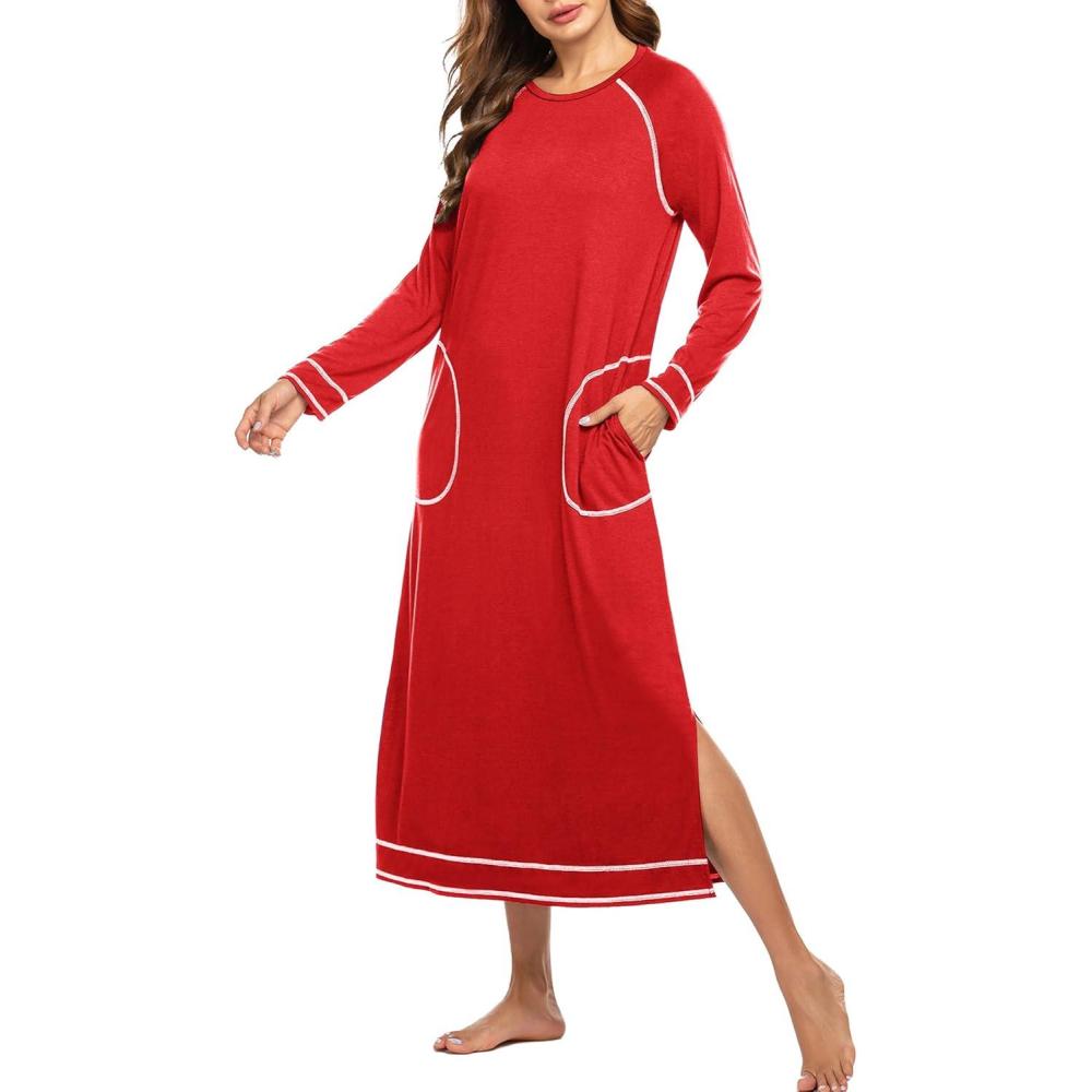 imageEkouaer Womens Nightshirt Long Sleeve Nightgown Round Neck Sleepwear Full Length Pajama Dress with Pockets Loungewear SXXLAred