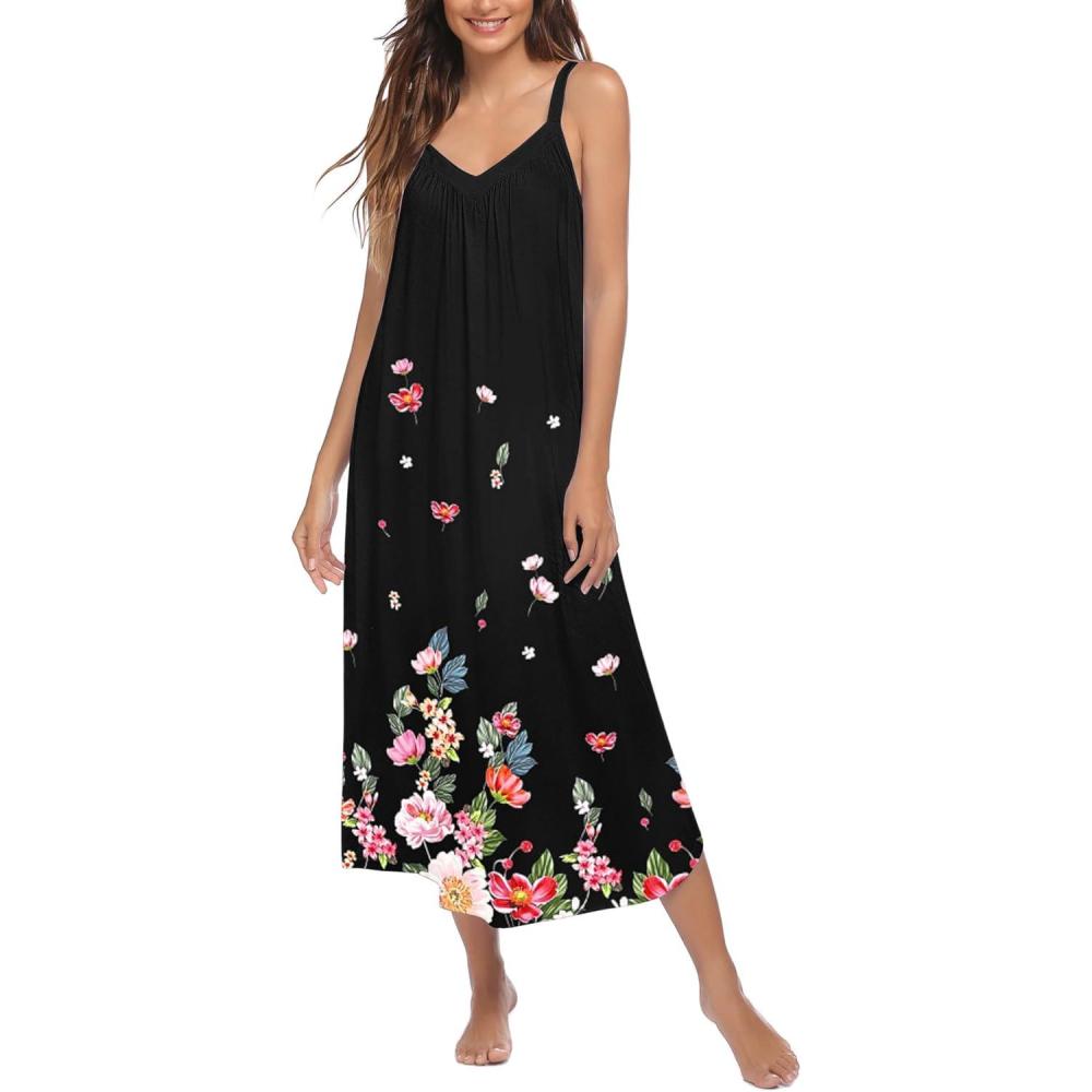 imageEkouaer Womens Sleeveless Nightgown Full Slip Nightshirt Print Nightwear Full Length Loungewear Soft NightdressBlack Little Flowers