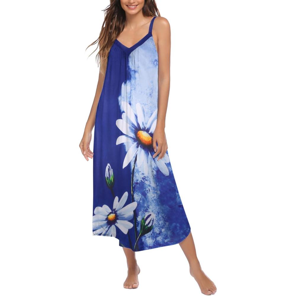imageEkouaer Womens Sleeveless Nightgown Full Slip Nightshirt Print Nightwear Full Length Loungewear Soft NightdressBlue Flowers