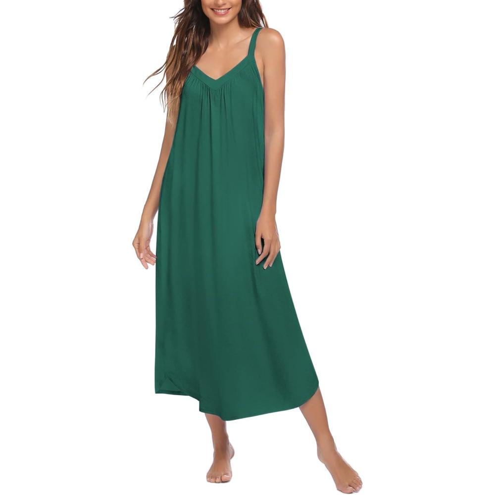 imageEkouaer Womens Sleeveless Nightgown Full Slip Nightshirt Print Nightwear Full Length Loungewear Soft NightdressDark Green