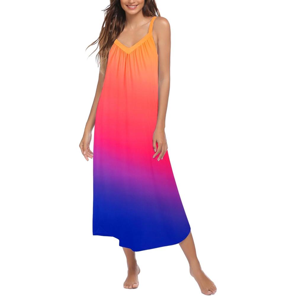 imageEkouaer Womens Sleeveless Nightgown Full Slip Nightshirt Print Nightwear Full Length Loungewear Soft NightdressOrange Blue Gradient
