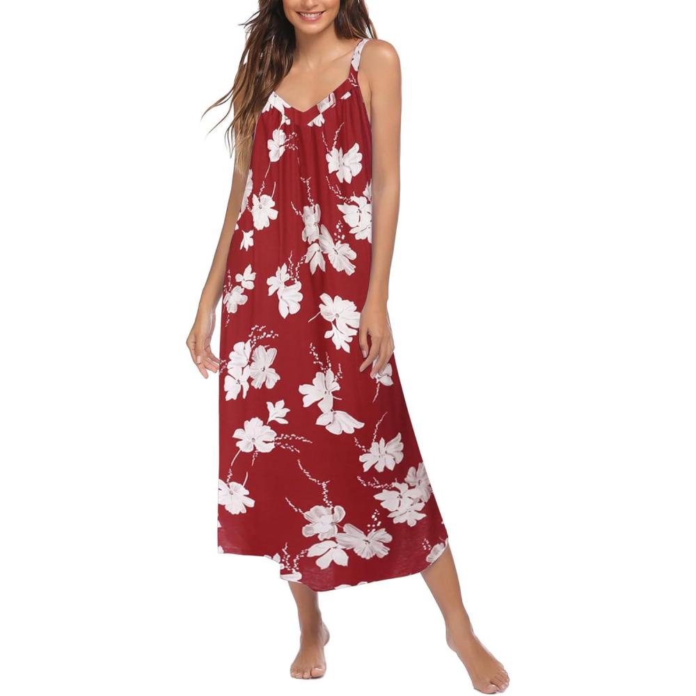 imageEkouaer Womens Sleeveless Nightgown Full Slip Nightshirt Print Nightwear Full Length Loungewear Soft NightdressRed Flower