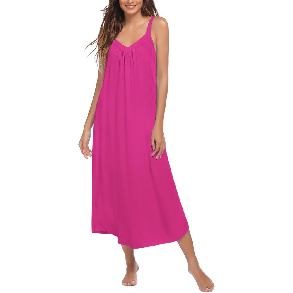 imageEkouaer Womens Sleeveless Nightgown Full Slip Nightshirt Print Nightwear Full Length Loungewear Soft NightdressRose Red