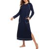 Ekouaer Women’s Nightshirt Long Sleeve Nightgown Round Neck Sleepwear Full Length Pajama Dress with Pockets Loungewear S-XXL(A-navy Blue)