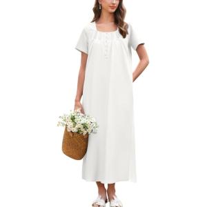 Ekouaer Cotton Nightgowns for Women Short Sleeve Sleepshirt Ladies Victorain Sleepwear Gown Soft Loungewear with Pockets(White)