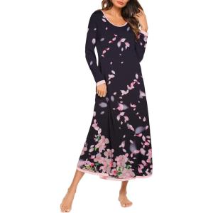 Ekouaer Nightgown Women Long Sleeve Sleepwear Full Length Long Nightshirt Soft Loungewear S-4XL(Black Floral)