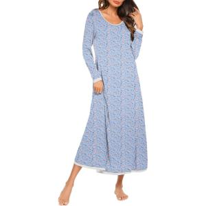 Ekouaer Nightgown Women Long Sleeve Sleepwear Full Length Long Nightshirt Soft Loungewear S-4XL(Blue Floral)