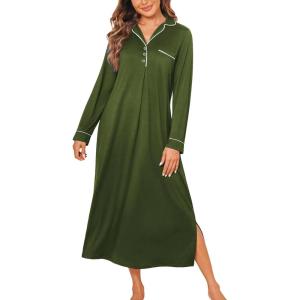 Ekouaer Nightgowns for Women Long Sleeves Nightgown Soft Sleepwear Button V Neck Sleepshirt Long Nightgown S-XXL(Army Green)