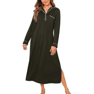 Ekouaer Nightgowns for Women Long Sleeves Nightgown Soft Sleepwear Button V Neck Sleepshirt Long Nightgown S-XXL(Black)