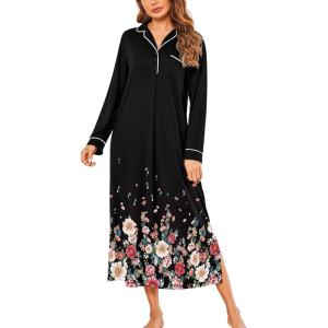 Ekouaer Nightgowns for Women Long Sleeves Nightgown Soft Sleepwear Button V Neck Sleepshirt Long Nightgown S-XXL(Black Flower)