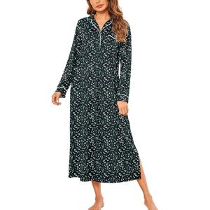 Ekouaer Nightgowns for Women Long Sleeves Nightgown Soft Sleepwear Button V Neck Sleepshirt Long Nightgown S-XXL(Black Green Floral)
