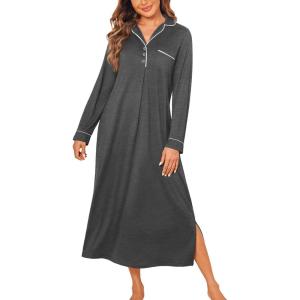 Ekouaer Nightgowns for Women Long Sleeves Nightgown Soft Sleepwear Button V Neck Sleepshirt Long Nightgown S-XXL(Dark Grey)