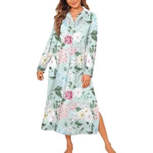 Ekouaer Nightgowns for Women Long Sleeves Nightgown Soft Sleepwear Button V Neck Sleepshirt Long Nightgown S-XXL(Green Pink Flower)